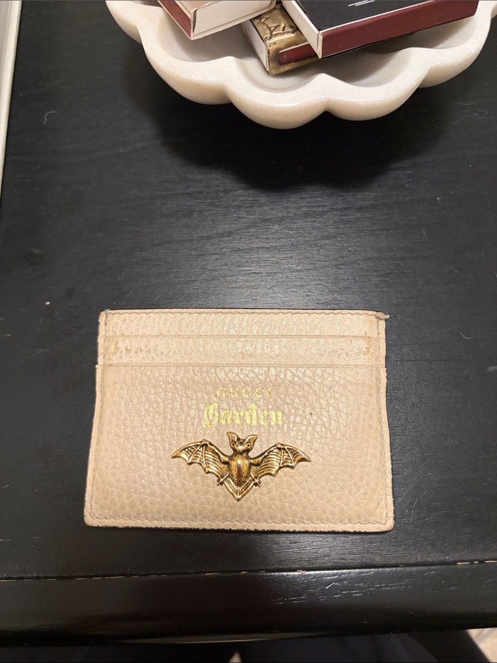 Gucci Beige Leather Card Holder with Gold Bat Emblem
